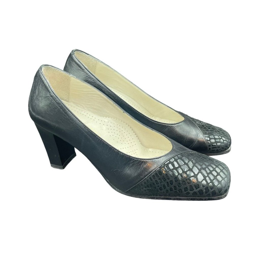 Vera Moda Pumps Womens EU 37 US 7 heels Black Leather Classic Square Toe - Picture 1 of 7
